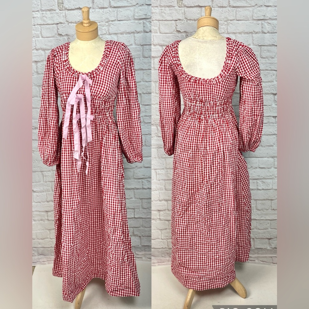 Damson Madder Dakota Red Gingham Pink Bow Picnic Dress Size 8 New! - Picture 2 of 8